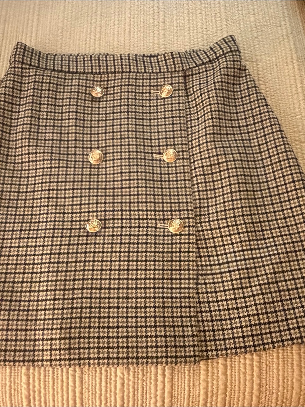 Ann Taylor Black and Cream Houndstooth Mini Skirt with Gold Buttons